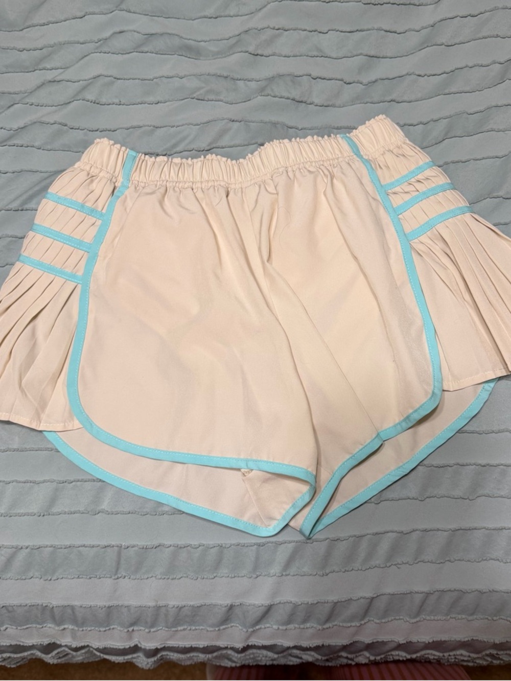 Women's Beige Athletic Shorts with Light Blue Trim NWOT